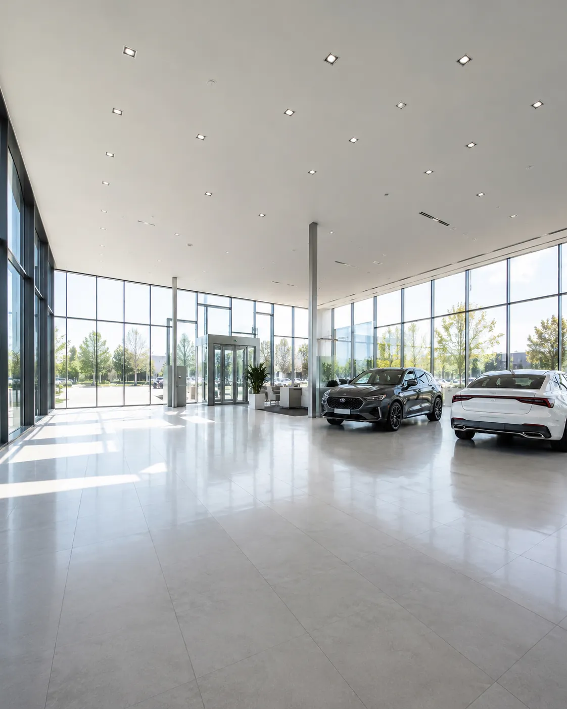 Heller moderner Autohaus-Showroom mit Glasfront, gepflegtem Boden und ausgestellten Fahrzeugen – Symbolbild für Gebäudereinigung in Autohäusern.