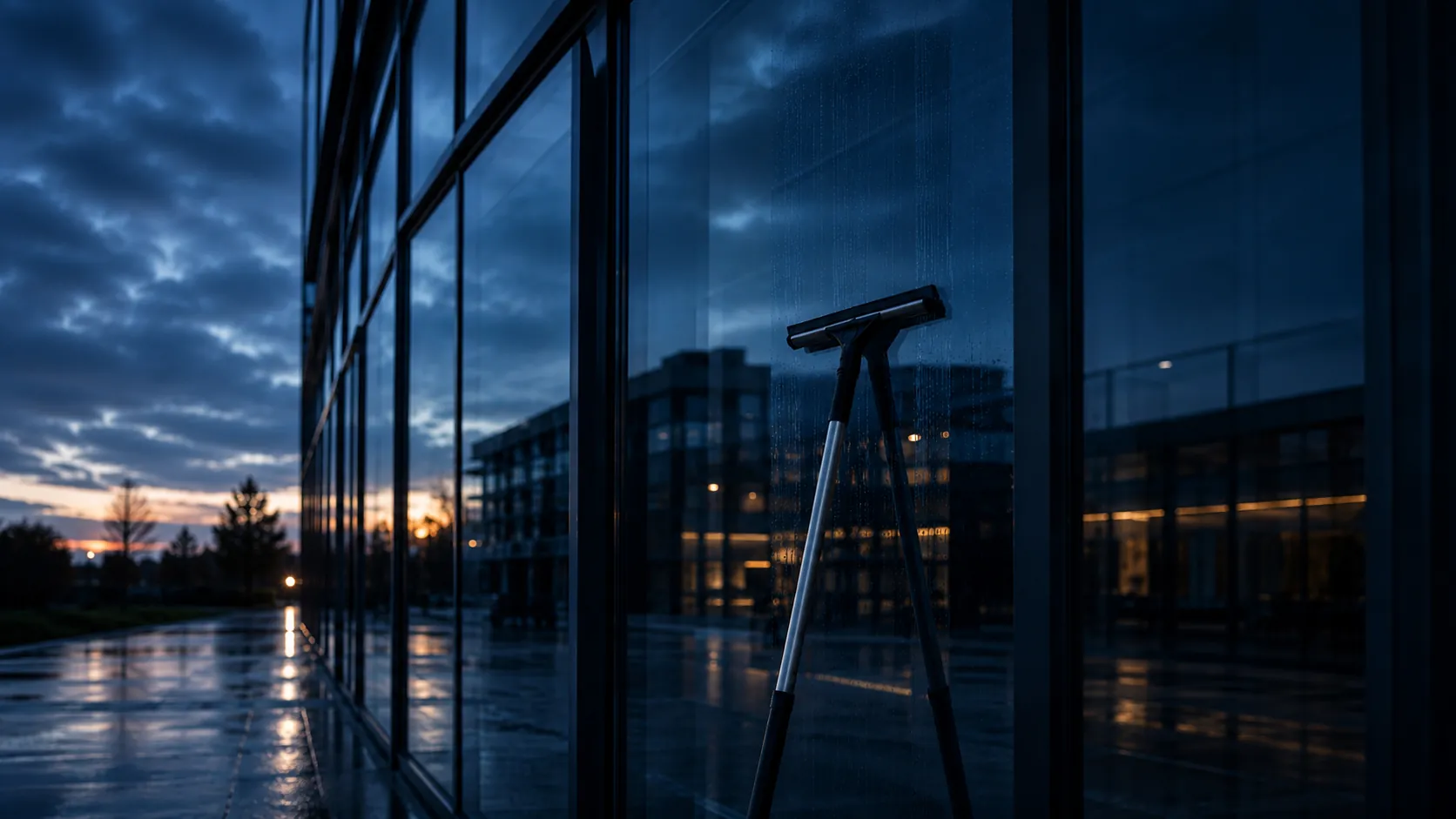 Glasfassade eines Bürogebäudes zur blauen Stunde mit professionellem Fensterabzieher auf der Scheibe – streifenfreie Fenster- und Glasreinigung.